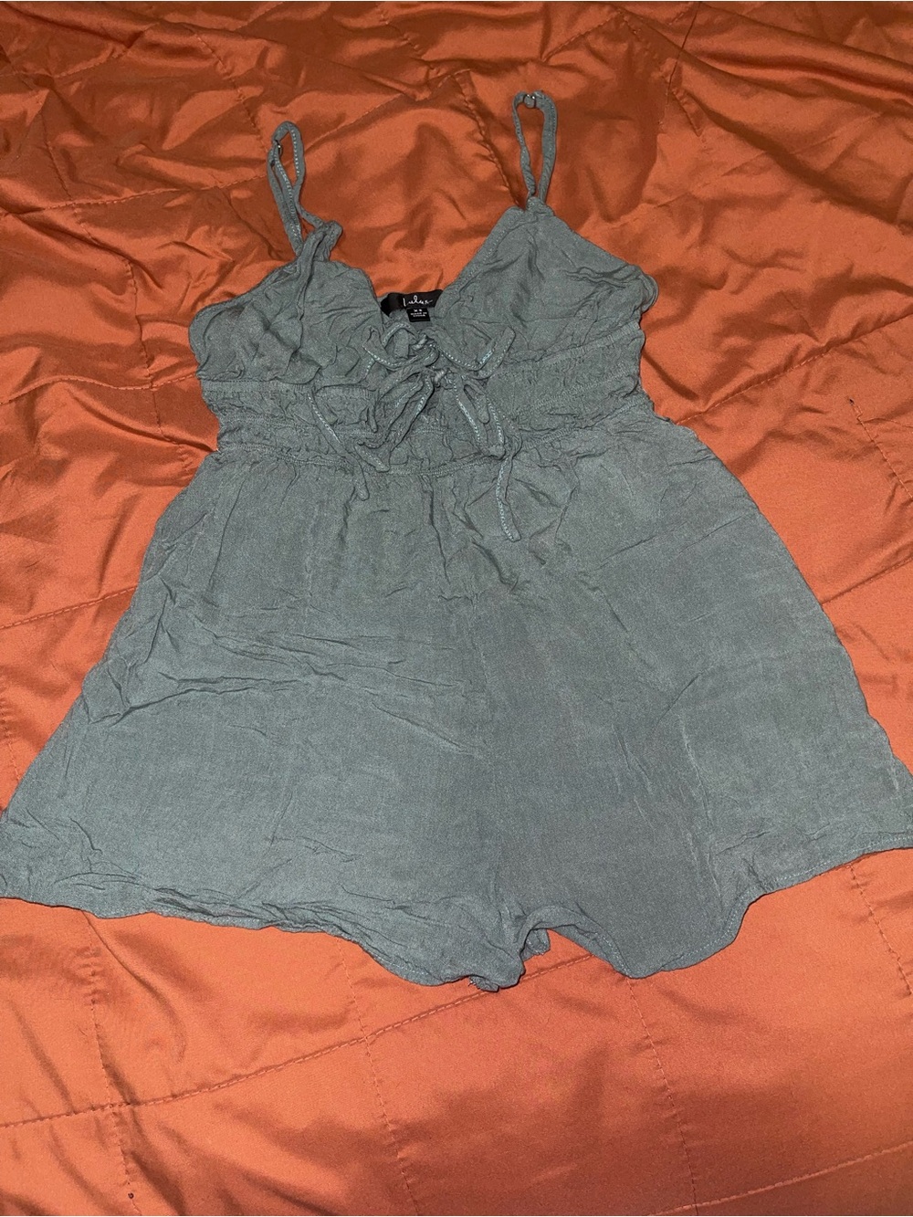 Lulu's Sage Green Tie-Front Spaghetti Strap Romper
